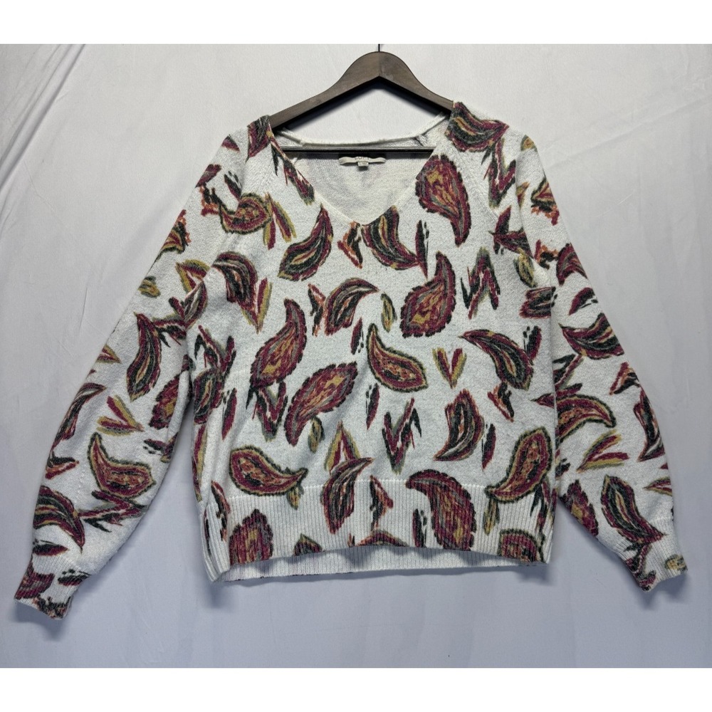 Loft Sweater Womens Large‎ White Multi Paisley Print V Neck Tight Knit Ribbed